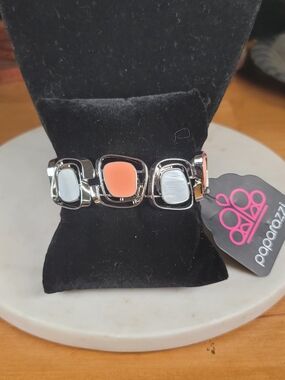Silver Stretch Bracelet with Coral Enamel and Shell Inlay